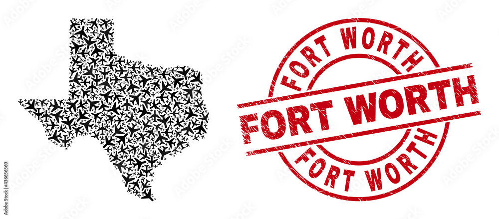 Fort Worth distress badge, and Texas State map mosaic of aviation items. Mosaic Texas State map constructed of aviation items. Red stamp with Fort Worth tag, and distress rubber texture. Fort Worth distress badge, and Texas State map mosaic of aviation items. Mosaic Texas State map constructed of aviation items. Red stamp with Fort Worth tag, and distress rubber texture.