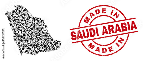Made In Saudi Arabia rubber seal, and Saudi Arabia map mosaic of aeroplane items. Mosaic Saudi Arabia map designed with jet vehicles. Red watermark with Made In Saudi Arabia word,
