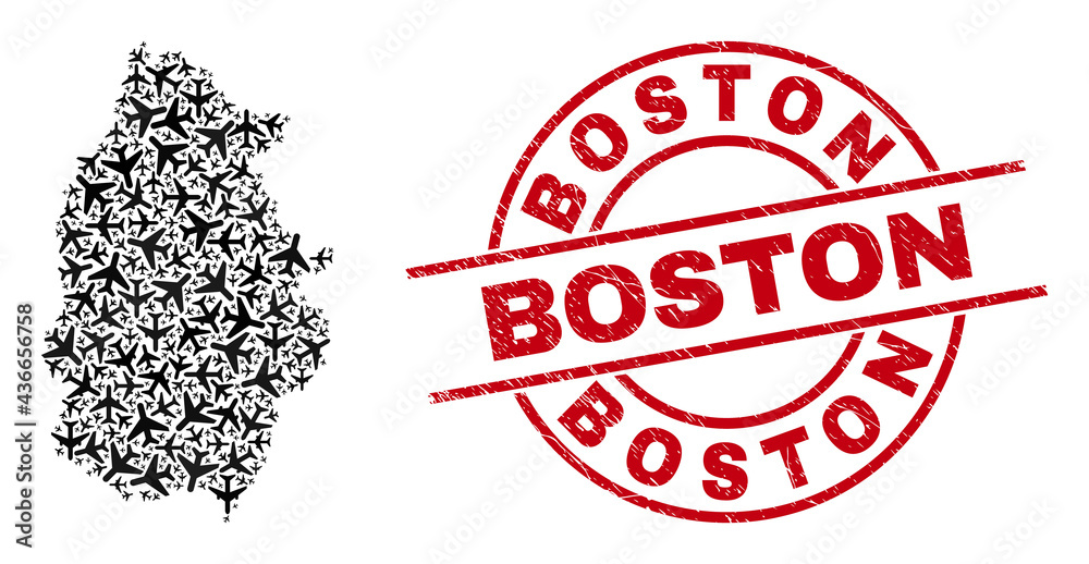 Boston distress seal, and Lugo Province map mosaic of aircraft elements. Collage Lugo Province map created with airliners. Red seal with Boston caption, and distress rubber texture.