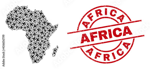 Africa grunge seal, and Africa map mosaic of airplane items. Mosaic Africa map designed of aviation items. Red imprint with Africa caption, and corroded rubber texture.