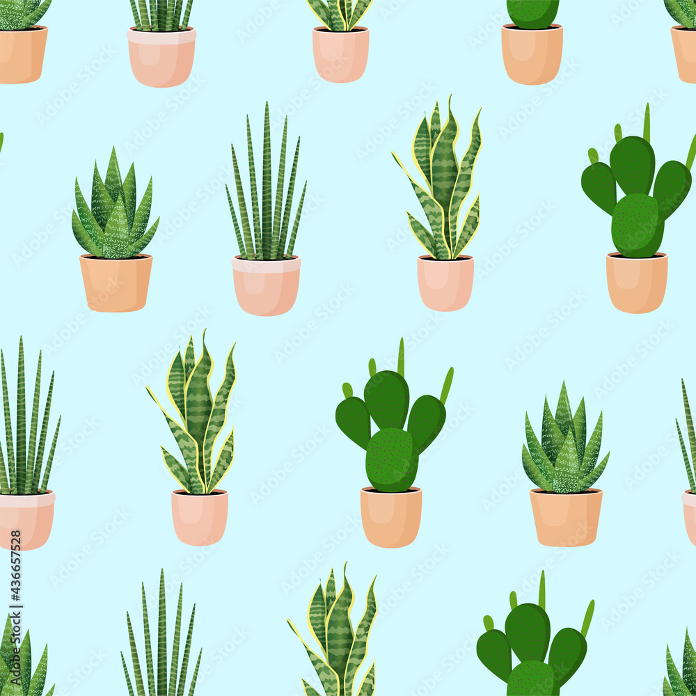 Seamless pattern with plants in pots on a blue background. Vector illustration for fabrics, textures, wallpapers, posters, postcards. Seamless pattern with plants in pots on a blue background. Vector illustration for fabrics, textures, wallpapers, posters, postcards.