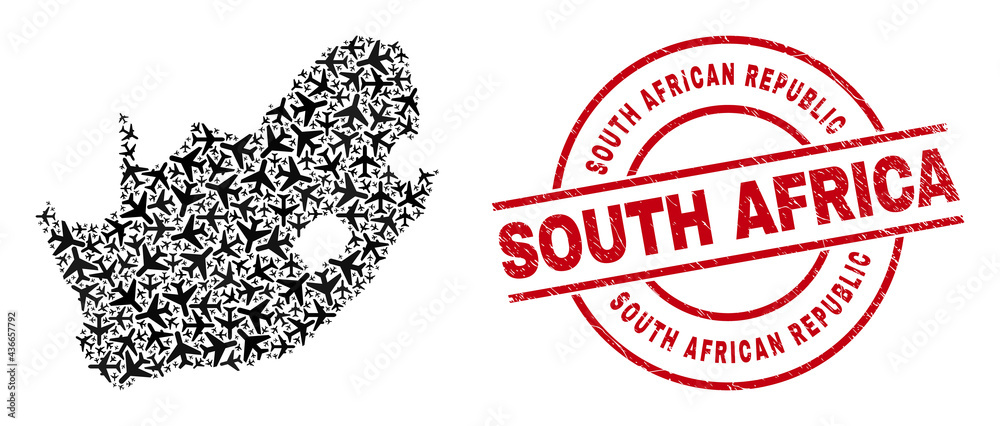 South African Republic scratched seal stamp, and South African Republic map collage of aviation items. Collage South African Republic map created using airplanes. South African Republic scratched seal stamp, and South African Republic map collage of aviation items. Collage South African Republic map created using airplanes.