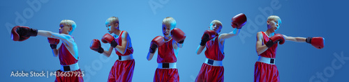 Collage of different photos of young boy, boxer, sportsman in action and motion isolated on blue background in neon light. Flyer.