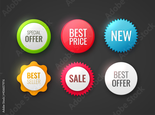 Collection of promo badges. Different colors and shapes badges isolated on white. New offer, best choice, best price and premium tags. Vector illustration