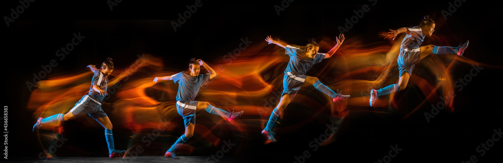 Development of motions. Young man, football player in action isolated over dark background in neon mixed colored light. Flyer.