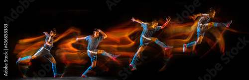 Development of motions. Young man  football player in action isolated over dark background in neon mixed colored light. Flyer.