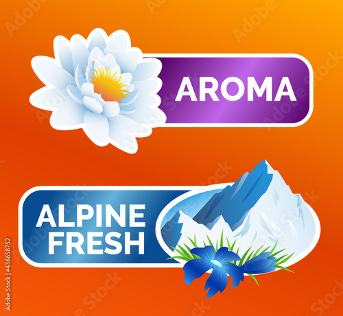 Washing clothes sticker, White lotus flower and alpine freshness symbol with mountains and flowers, laundry detergent advertising, vector illustration isolated.