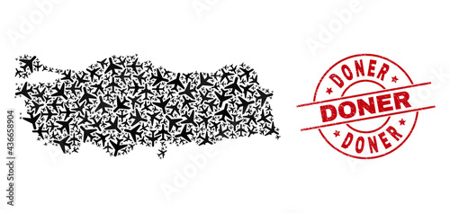 Doner rubber seal, and Turkey map mosaic of air force items. Mosaic Turkey map created of aviation items. Red stamp with Doner tag, and grunge rubber texture. Template for shipping schemes.