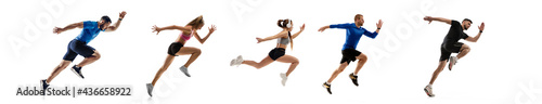 Photography Development of motions of young athletic fit men and women in action isolated over white background