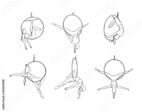 Acrobat dancer in circus hoop. Aerial dancer set isolated in white background. Sketch vector illustration