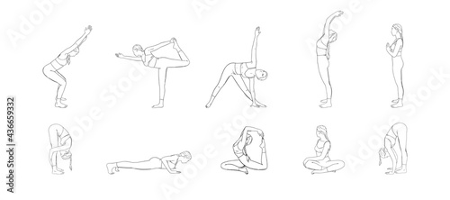Hatha yoga poses set. Yogi woman in different asanas. Sketch vector illustration isolated in white background