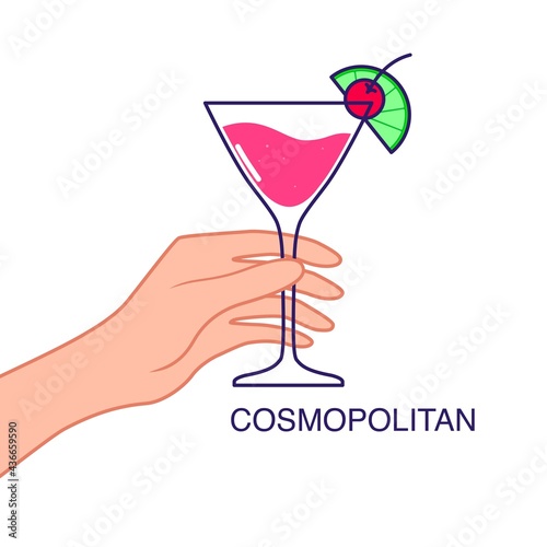 Hand holds a glass of cosmopolitan with cherry and lime. Vector illustration isolated on white background