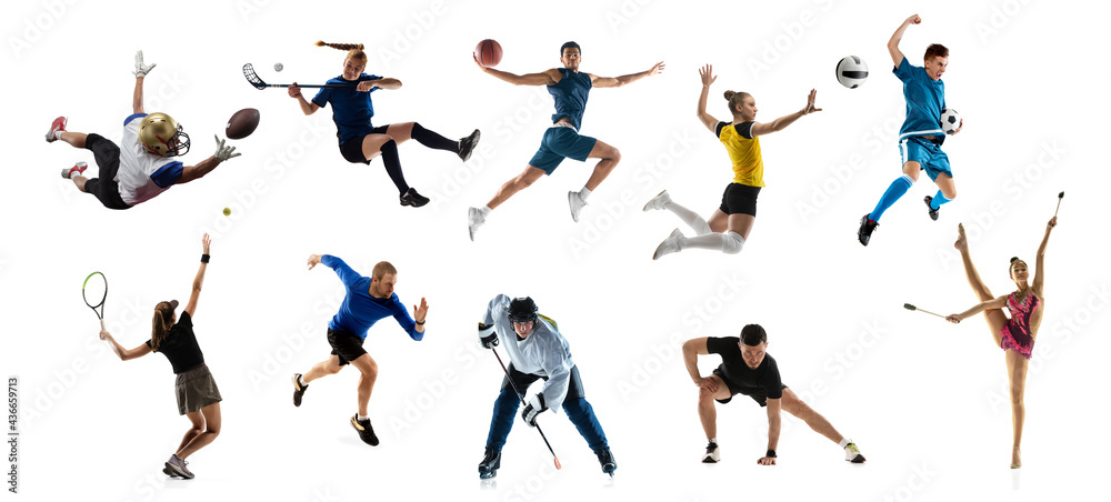 Sport collage. Athletics, tennis, golf and basketball player standing isolated over white studio background.