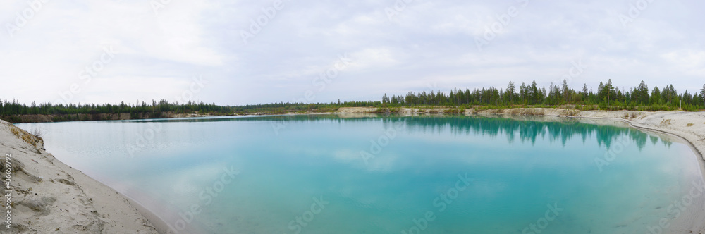 nature landscape summer spring blue clear lake forest in the distance   panorama