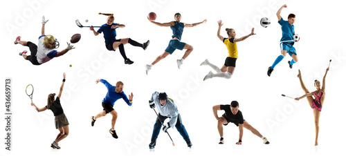 Sport collage. Athletics  tennis  golf and basketball player standing isolated over white studio background.