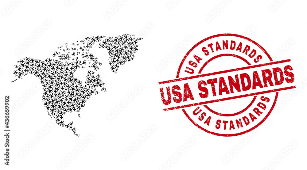 Vetor de USA Standards rubber badge, and North America map collage of