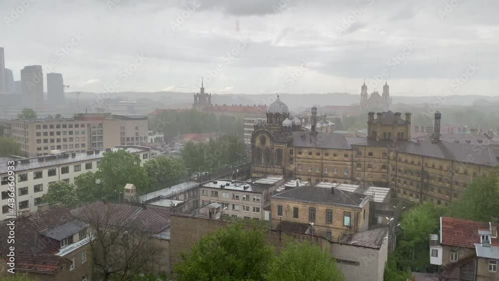 Panoramic view of Vilnius city center and Lukiskes prison during rain in May Panoramic view of Vilnius city center and Lukiskes prison during rain in May