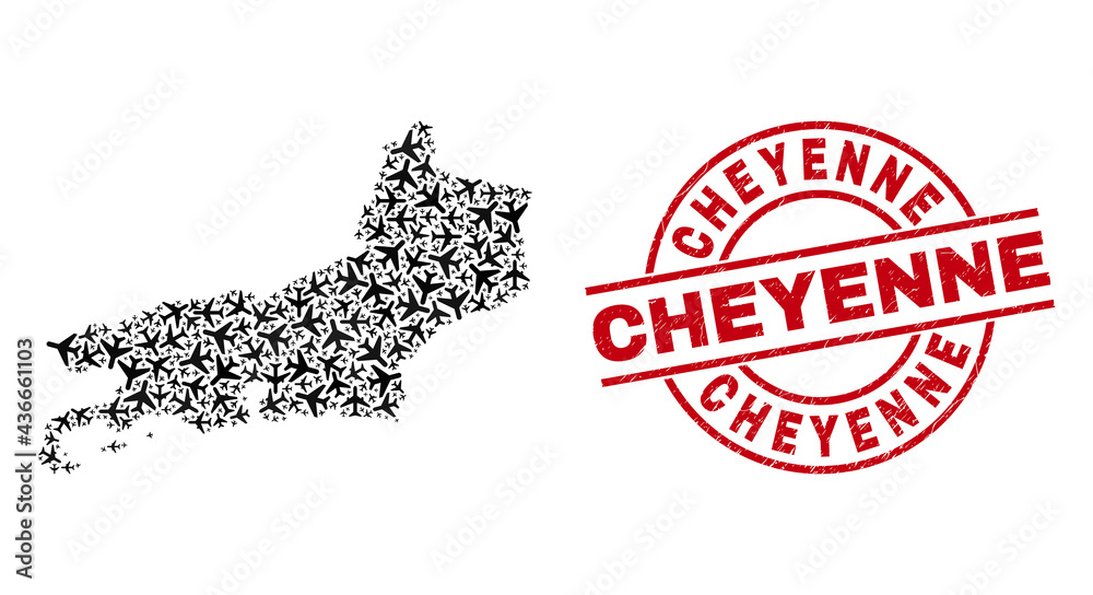 Cheyenne grunge seal, and Rio de Janeiro State map mosaic of aircraft elements. Mosaic Rio de Janeiro State map designed with airplanes. Red badge with Cheyenne text, and grunge rubber texture. Cheyenne grunge seal, and Rio de Janeiro State map mosaic of aircraft elements. Mosaic Rio de Janeiro State map designed with airplanes. Red badge with Cheyenne text, and grunge rubber texture.