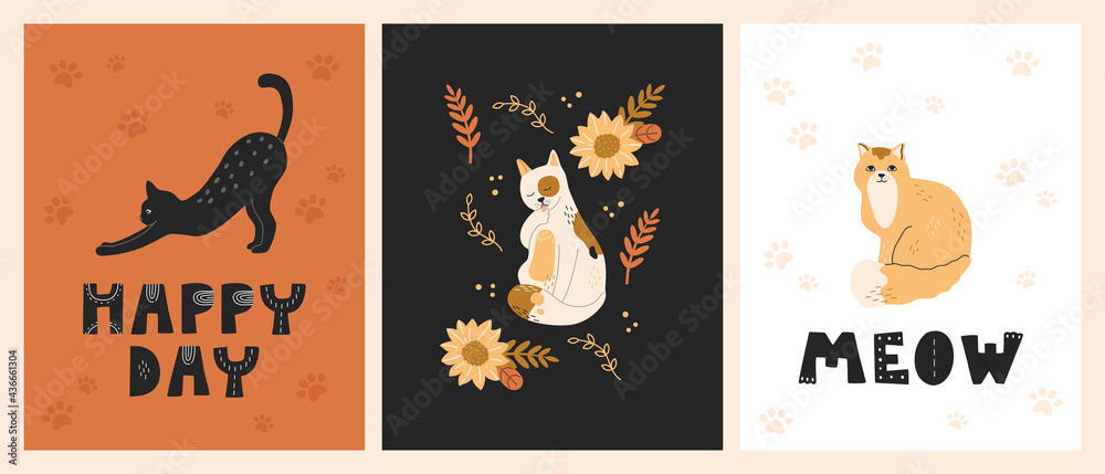 Cute funny kitty set posters, kawaii cats with decoration, collection postcards. Pets character design concept for cards with lettering quote in flat cartoon style. Vector illustration concept Cute funny kitty set posters, kawaii cats with decoration, collection postcards. Pets character design concept for cards with lettering quote in flat cartoon style. Vector illustration concept