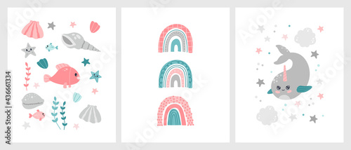 Kawaii Scandinavian narwhal and cute  starfish, shell and fish posters set for birthday and nursery decor. Modern trendy vector illustration for kids room in flat cartoon style isolated on background
