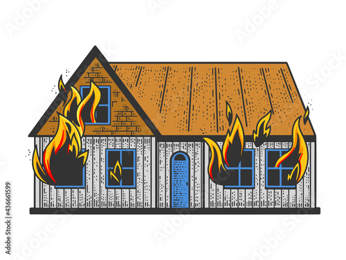 house on fire color line art sketch engraving vector illustration. T-shirt apparel print design. Scratch board imitation. Black and white hand drawn image.