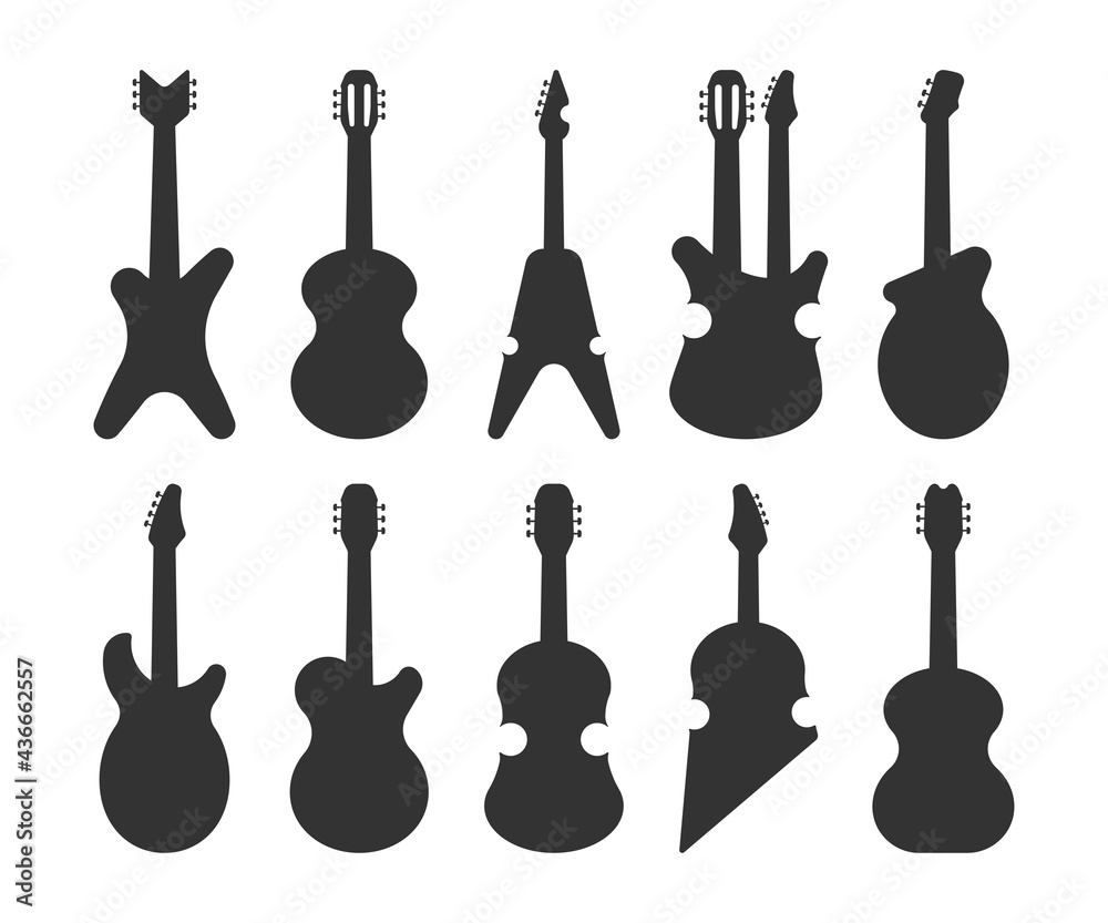 Fototapeta premium Guitar forms vector black silhouettes set isolated on a white background.