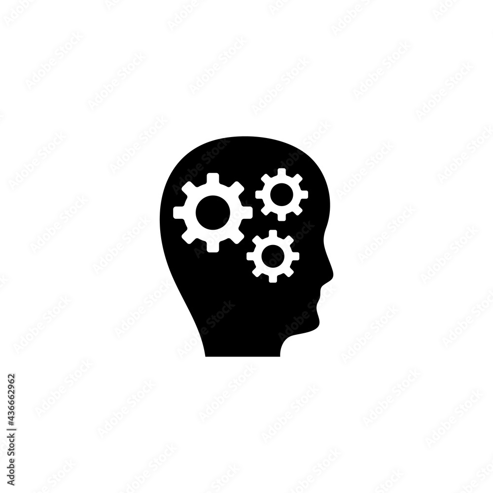 Human Head with Gears, Thoughts of Brain. Flat Vector Icon illustration. Simple black symbol on white background. Human Head Gears, Thoughts Brain sign design template for web and mobile UI element. Human Head with Gears, Thoughts of Brain. Flat Vector Icon illustration. Simple black symbol on white background. Human Head Gears, Thoughts Brain sign design template for web and mobile UI element.