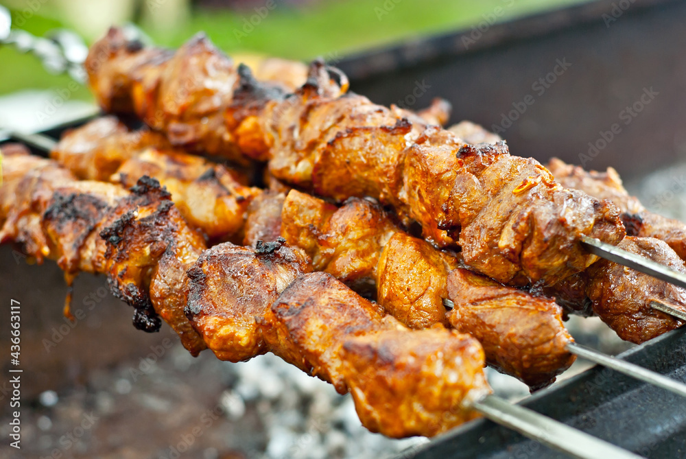 Grilled meat close up. The kebab is roasting on the fire. Pieces of pork on skewers.