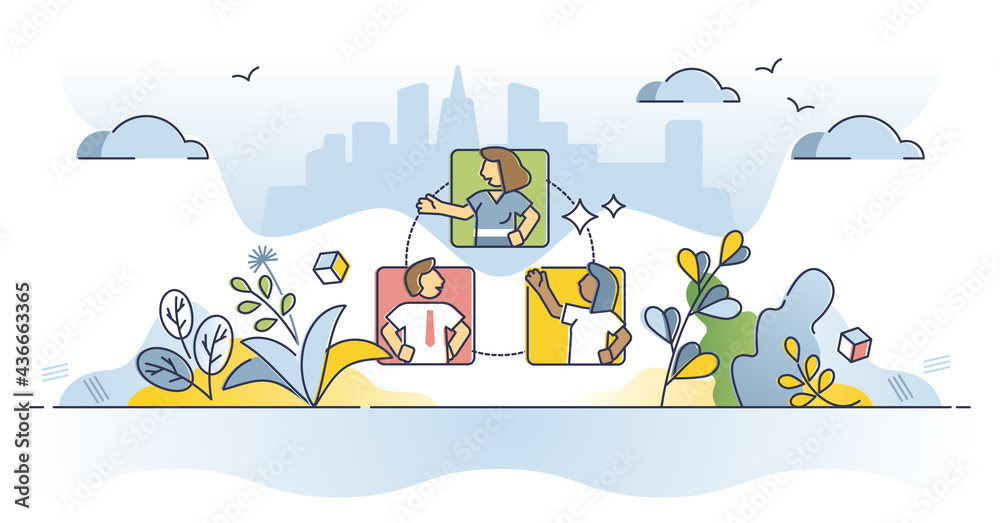 Networking and social business connection and communication outline concept. Distant chatting or talking with person contacts and partners vector illustration. Team group and corporate relationship.