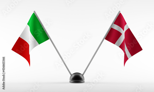 Stand with two national flags. Flags of Italy and Denmark. Isolated on a white background. 3d rendering