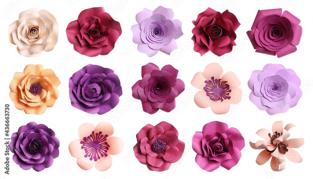 Set with beautiful flowers made of paper on white background, top view. Banner design Set with beautiful flowers made of paper on white background, top view. Banner design