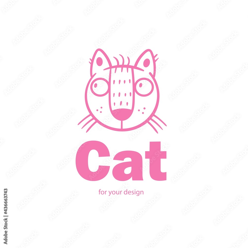 Cute doodle cat emblem. Funny vector character. Line art animal print.