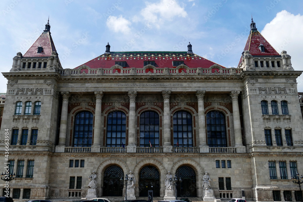 Classic building of the University of Technology  and Economics by the Danube river in Budapest, Hungary