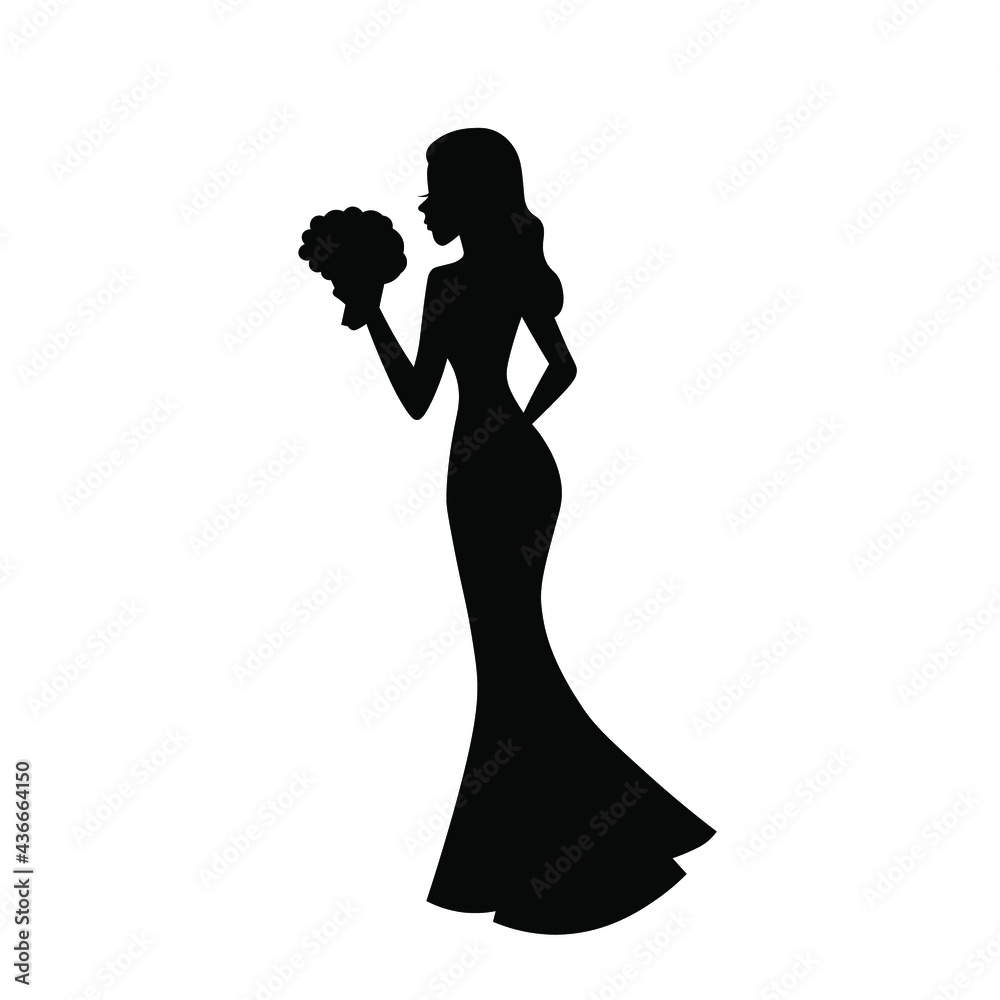 Beatuiful bride in wedding dress holding flower bouquet silhouette vector illustartion isolated on white background