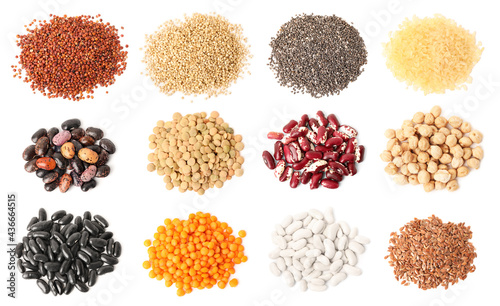 Set with different legumes, grains and seeds on white background, top view. Vegan diet
