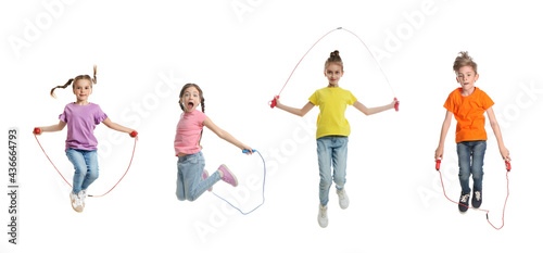 Bild auf Leinwand Cute happy children with jumping ropes on white background, collage