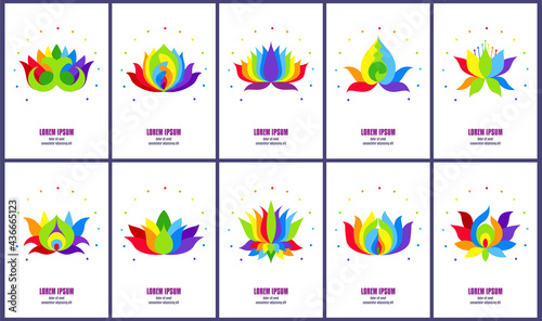 Ten rainbow сolored abstract lotuses in collection of vertical cards, decorative symbolic flower elements for flyer or poster design.