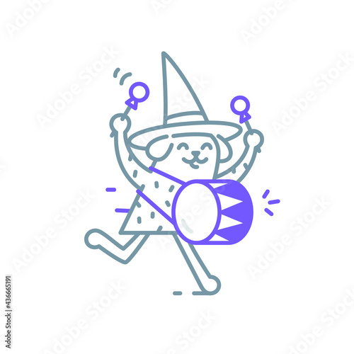 Funny character with a drum and a hat. The drummer beats the drum. Vector. The image is isolated on a white background.
