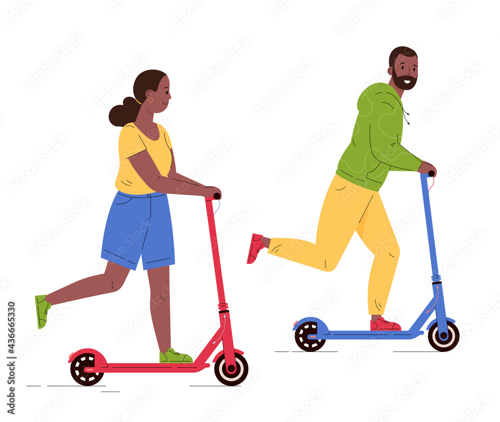 Fototapeta premium Man and woman riding electric walk scooters. Couple driving e-scooters together. Alternative modern eco urban transport, healthy lifestyle. Flat vector illustration isolated on white background 