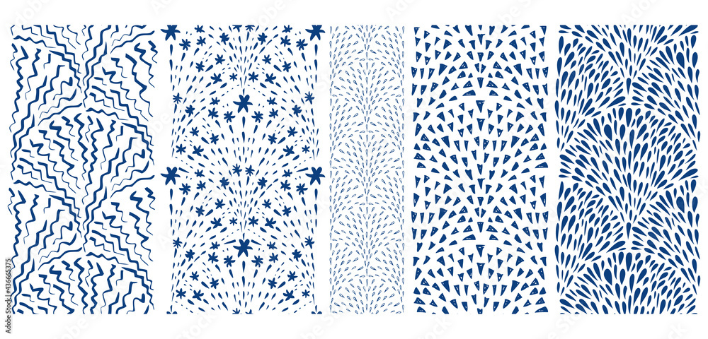 Five pen drawn scribble seamless borders, endless shapes in collection of doodle style repeatable sketchy frames.