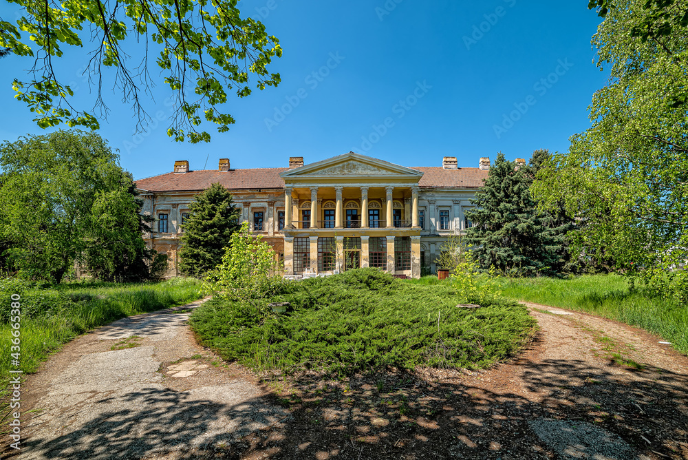 Novo Milosevo, Serbia - May 04, 2021: Karaconji Castle in Novi Milosevo was built in 1857 and is one of the cultural monuments of great importance.