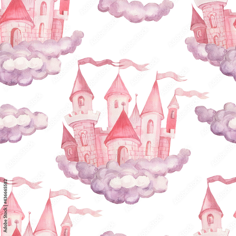 Fairy princess castle hand drawn watercolor illustration. Patern seamless set print textile background clipart for little girls for the holiday congratulations
