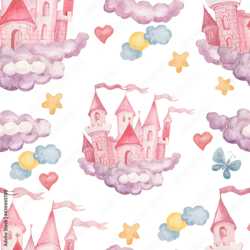 Fairy princess castle hand drawn watercolor illustration. Patern seamless set print textile background clipart for little girls for the holiday congratulations
Fairy princess castle hand drawn watercolor illustration. Patern seamless set print textile background clipart for little girls for the holiday congratulations
