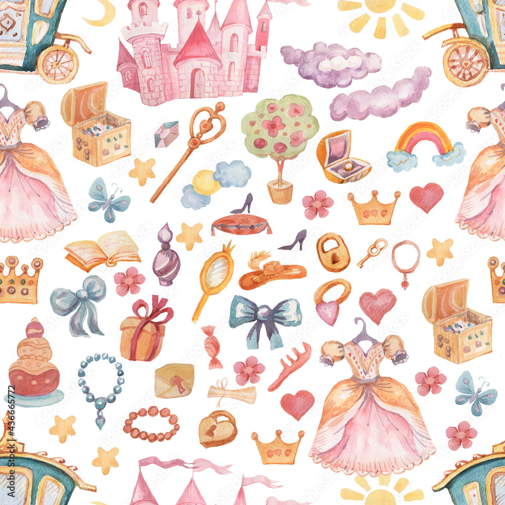 Fairy princess castle hand drawn watercolor illustration. Patern seamless set print textile background clipart for little girls for the holiday congratulations
Fairy princess castle hand drawn watercolor illustration. Patern seamless set print textile background clipart for little girls for the holiday congratulations