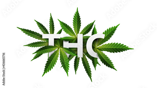 THC, logo, sign, symbol. 3D title decorated with cannabis leafs isolated on white background