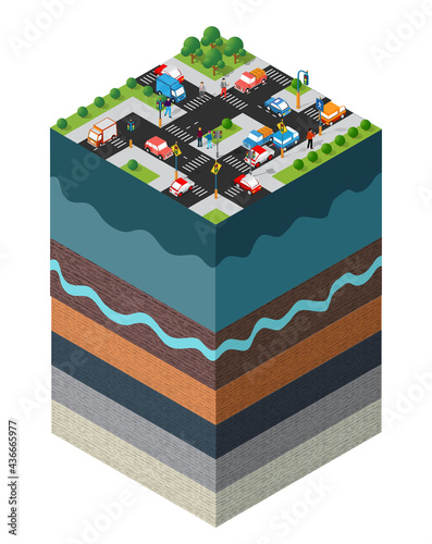 City crossroads auto urban landscape Soil layers geological and underground