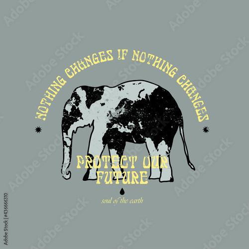 Protect our future slogan with elephant. Hippie style groovy vibes