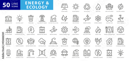 Canvas Print Set of green energy thin line icons