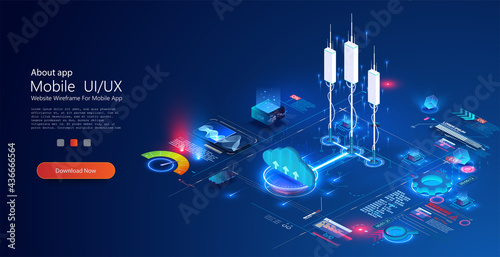 5G communication tower for wireless high-speed internet. Mobile network technology in concept of wireless mobile communication services. Background of the Internet connection smartphone or satellites.