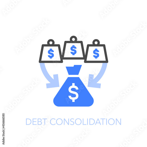 Debt consolidation symbol with a bag of money to pay out a number of smaller loans. Easy to use for your website or presentation. photo
